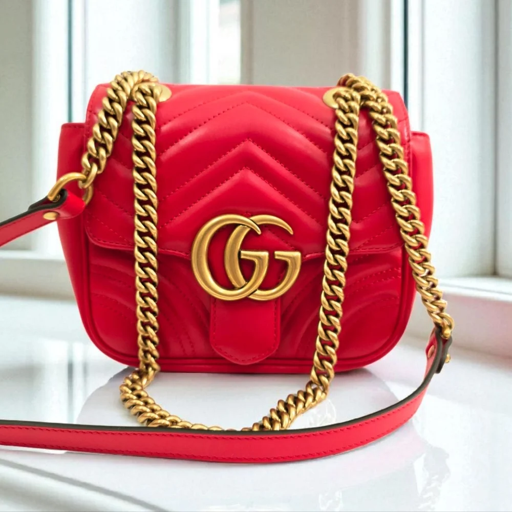 Gucci GG Marmont Matelasse Mini Square Shoulder Bag Red Leather